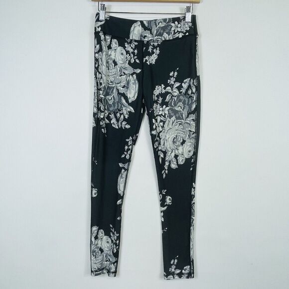 Albion Fit Grey Rose Floral Active Workout Pull On Leggings Pants Womens XS - Picture 1 of 7